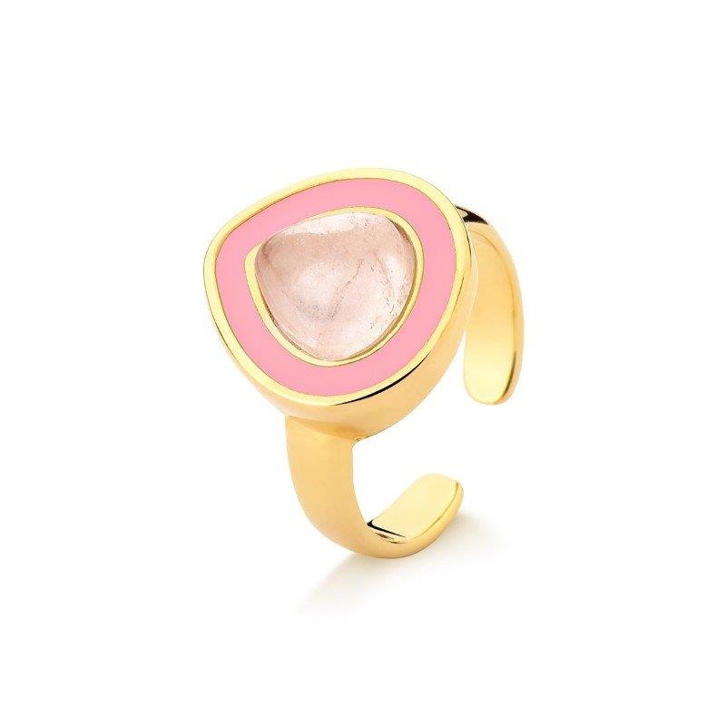 ANEL FOLHEADO A OURO COM ESMALTE ROSA