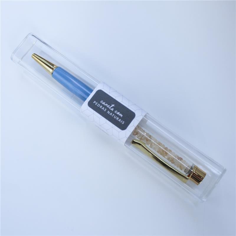 CANETA CROMADA COM PEDRAS NATURAIS - PINK